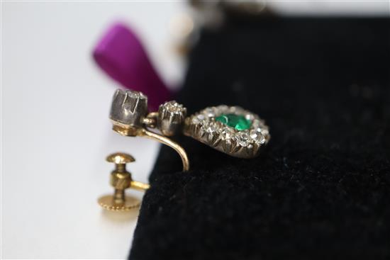 A pair of 19th century, yellow and white metal, emerald and diamond drop earrings, 17mm.